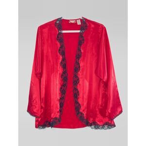 Victoria's Secret Vintage Gold Label Red Open Front Lace Trim Kimono Size Large